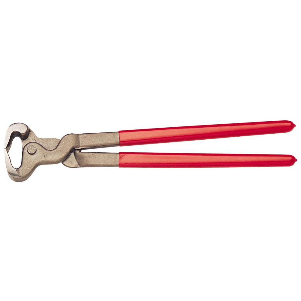 Steel pincer pliers with long red handles isolated on white.