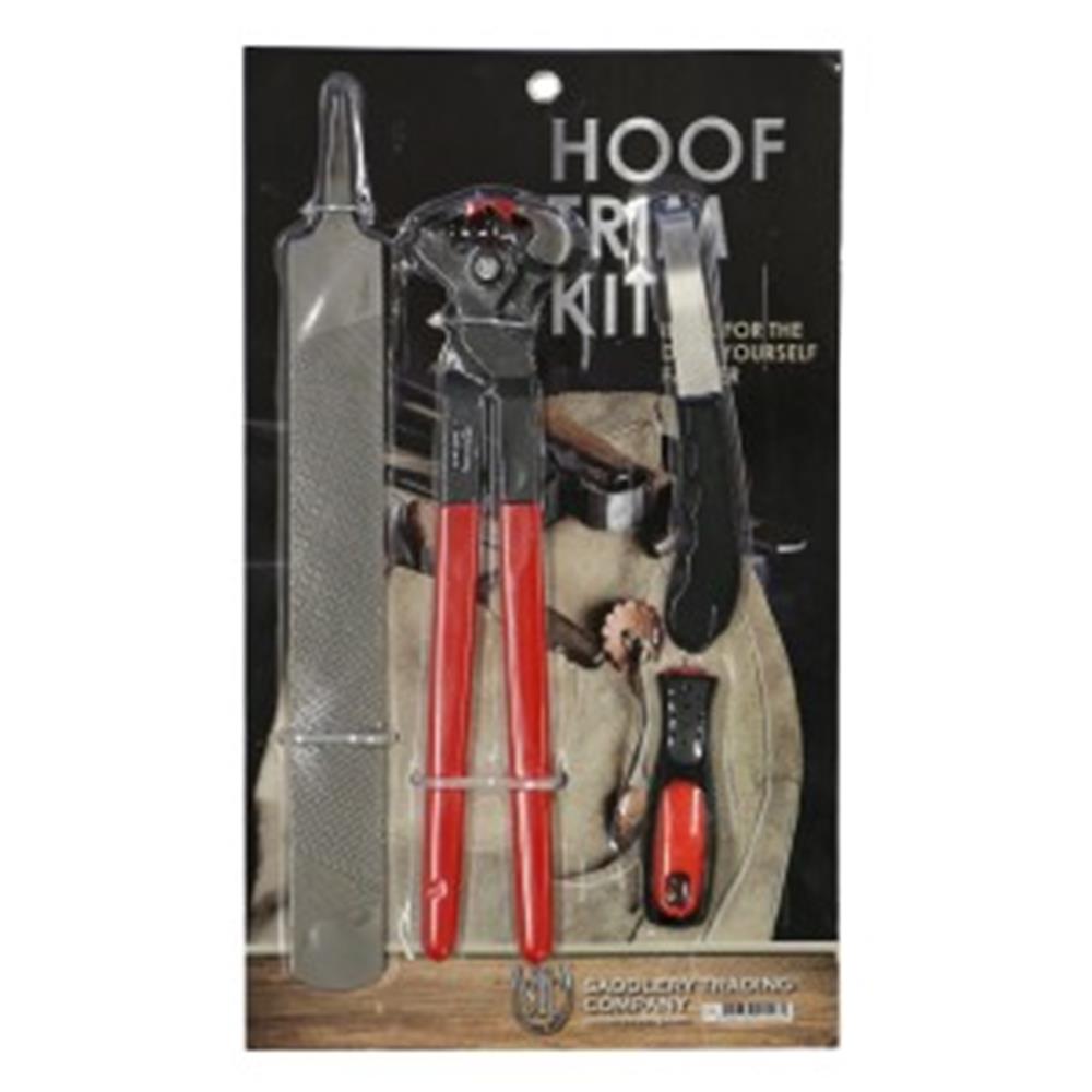 Hoof trimming kit with nipper, rasp, and knife on packaging.