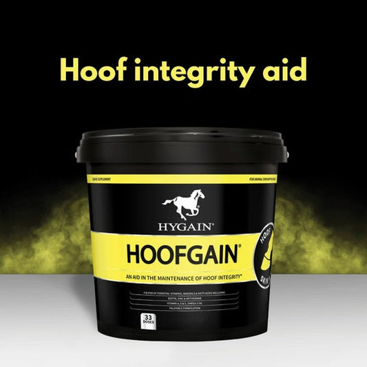 A black container labeled "HYGAIN HOOF GAIN" for hoof integrity, with a horse logo, on a dark background with the text "Hoof integrity aid" above and misty effect.