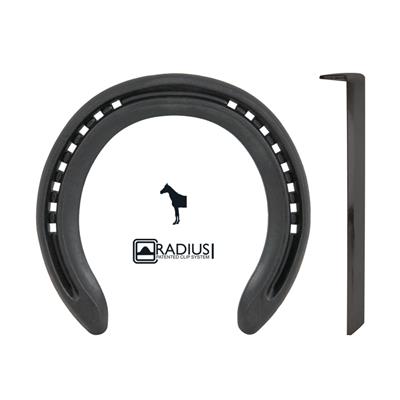 Black horseshoe with logo isolated on a white background.