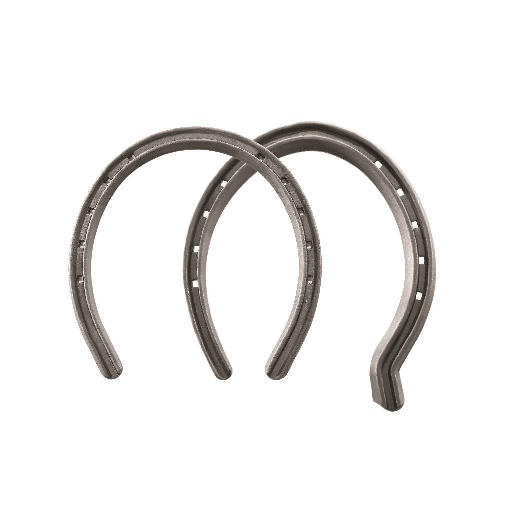 Two steel horseshoes overlapping on a white background.