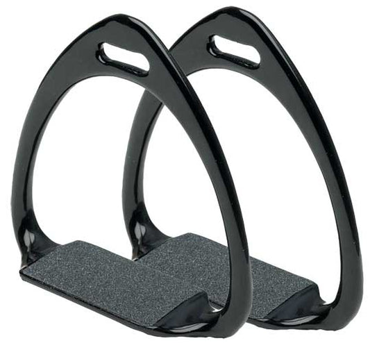 Black stirrup leathers for horse riding with non-slip tread surface.