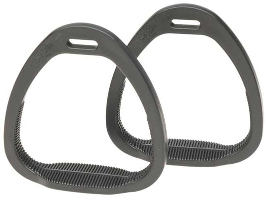 Two black plastic stirrup leathers for horse riding equipment.