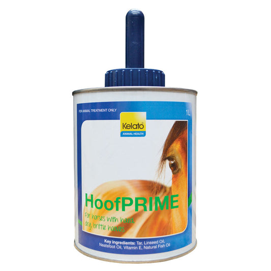 A 1-liter container of Kelato HoofPRIME treatment for horses with a picture of a horse's eye, and text noting key ingredients such as Tar, Linseed Oil, and Fish Oil.
