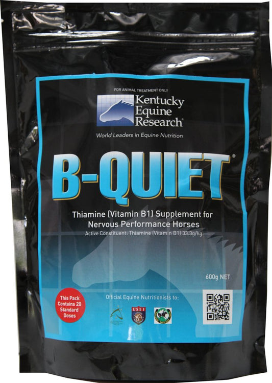 B Quiet Thiamine Vitamin B1 Supplement, Equine Nutrition, black packaging.