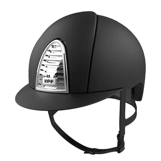 KEP brand black equestrian riding helmet with chrome grille ventilation.