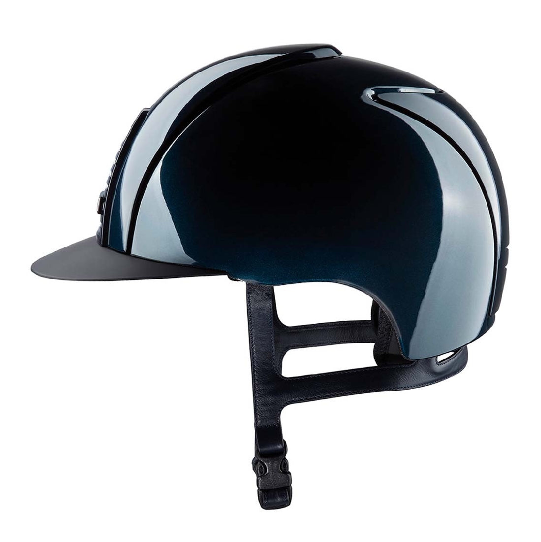 KEP brand equestrian helmet, black and chrome, modern design, safety gear.