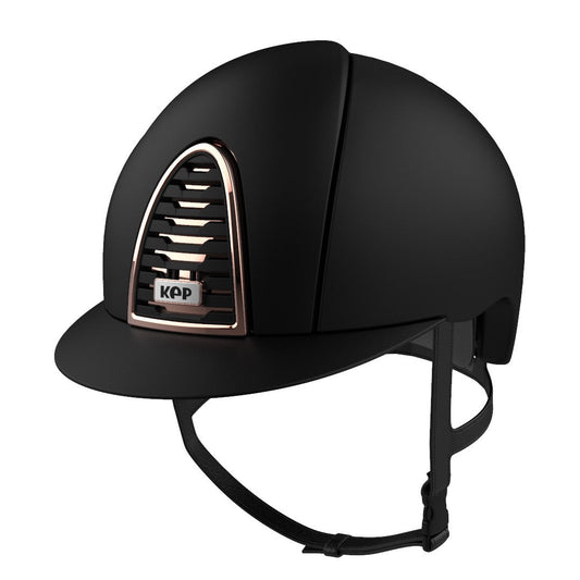 KEP brand black equestrian riding helmet with rose gold accents.