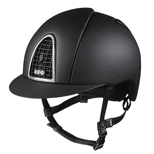 KEP brand black equestrian helmet with frontal ventilation grid.