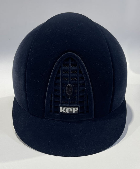 KEP brand black velvet equestrian riding helmet with front logo.