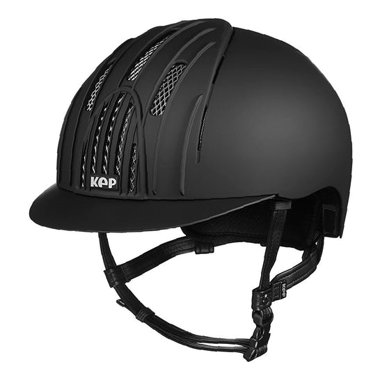 KEP brand black equestrian helmet with ventilation and chin strap.