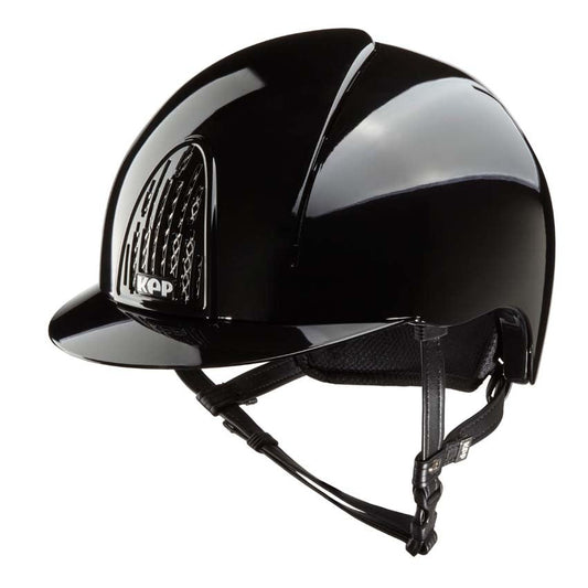 KEP brand black equestrian helmet with front logo and chin strap.