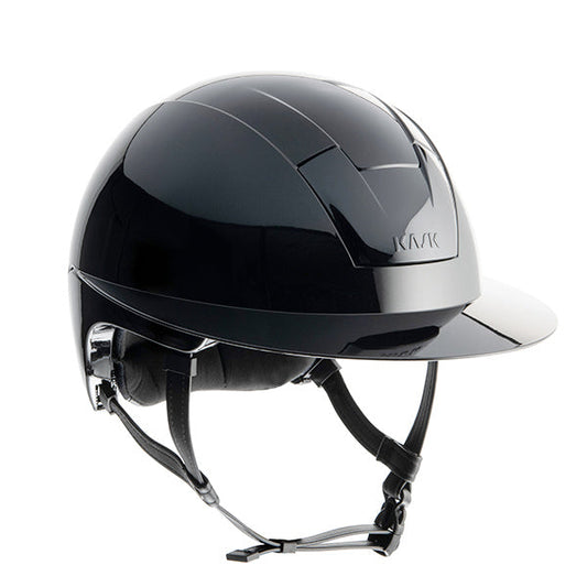 KASK brand black horse riding helmet with visor on white background.