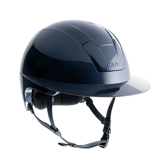 Black KASK horse riding helmet with visor and chin strap.