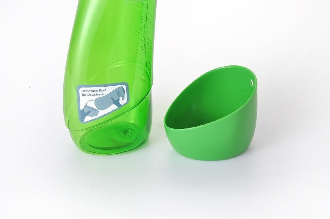 Green water bottle with detachable bowl on a white background.