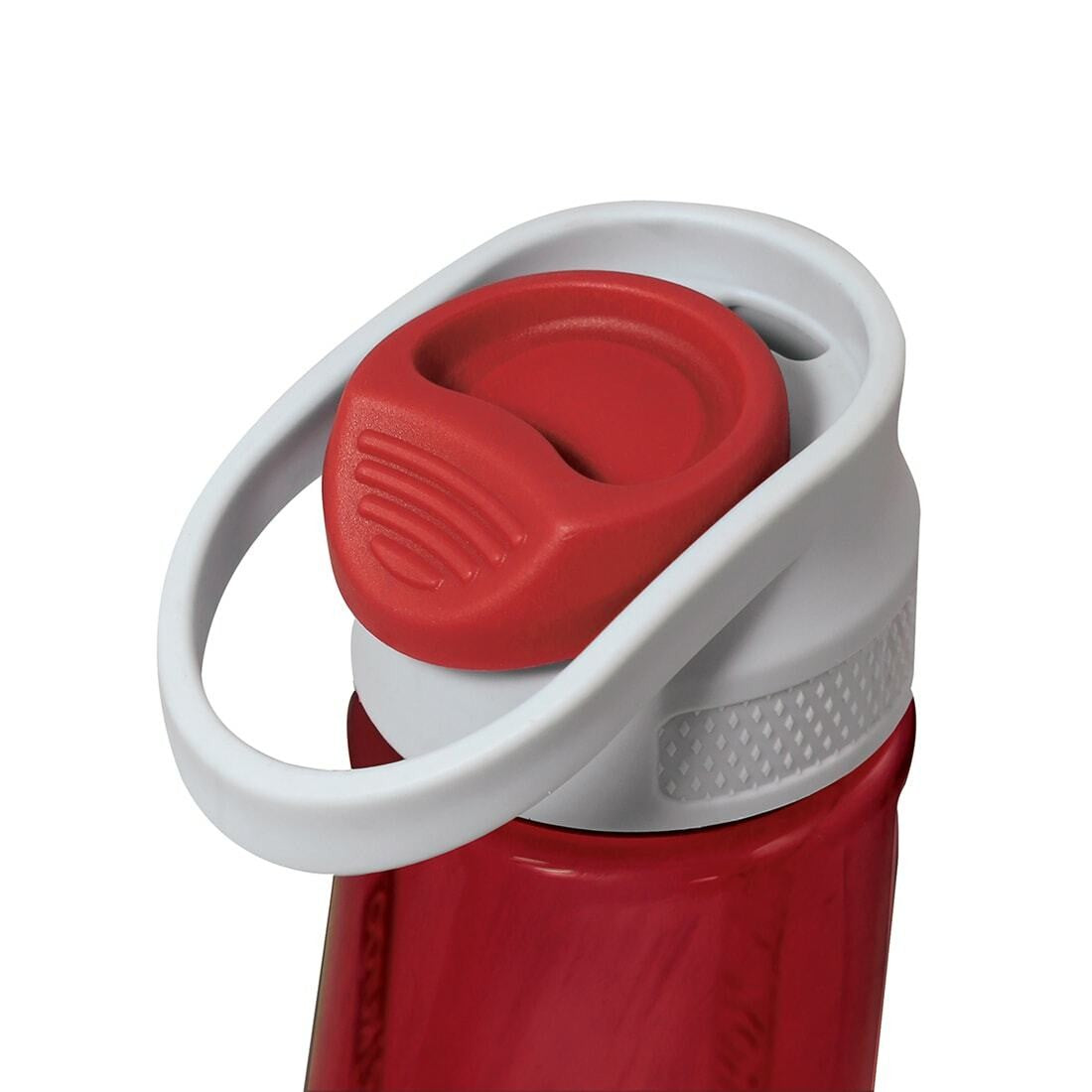 Close-up of a red water bottle cap with white handle.