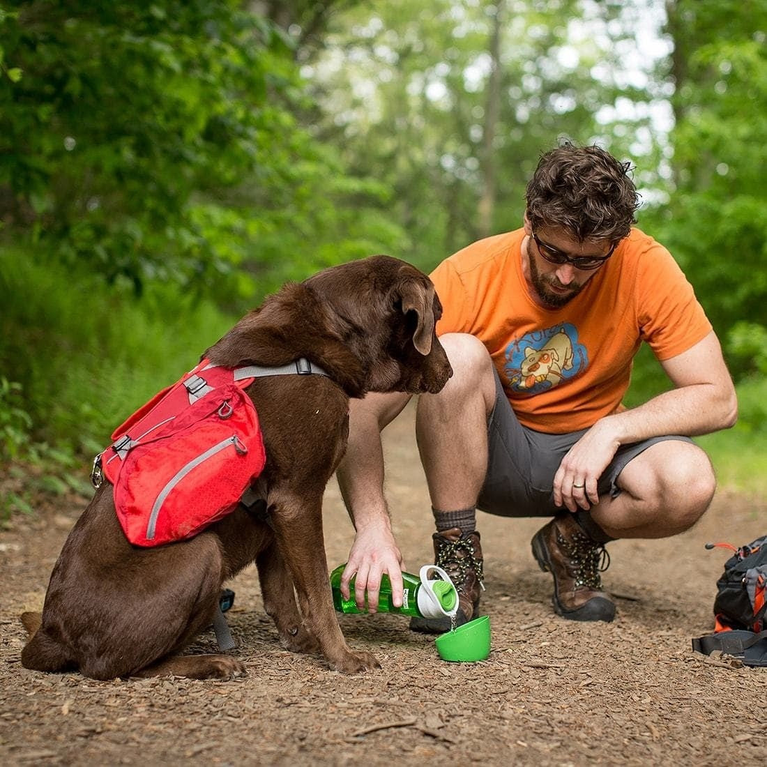 Man pours water from bottle for dog on hiking trail.