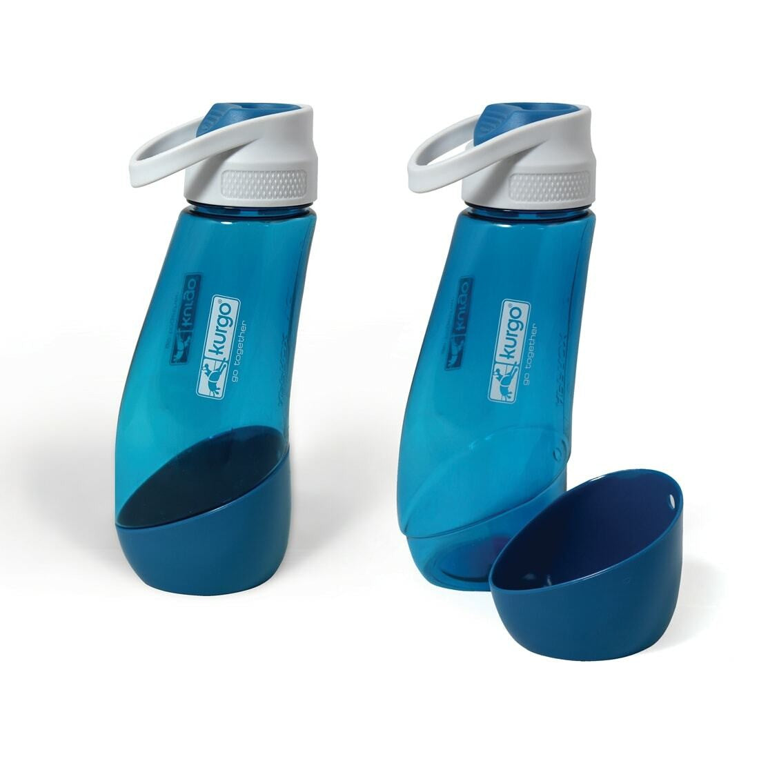 Two blue water bottles with open caps and logos on white background.
