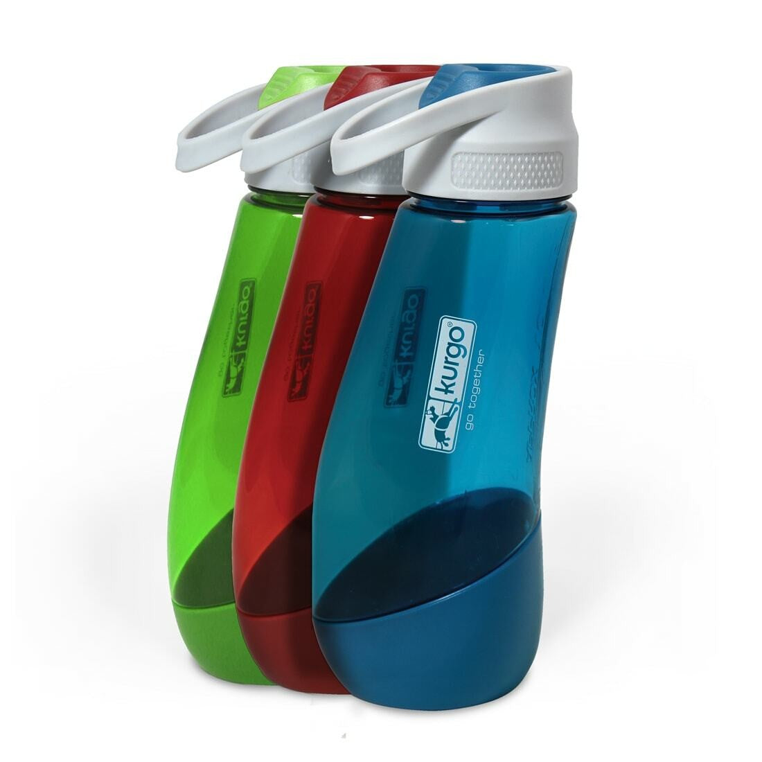 Three angled water bottles in green, red, and blue colors.