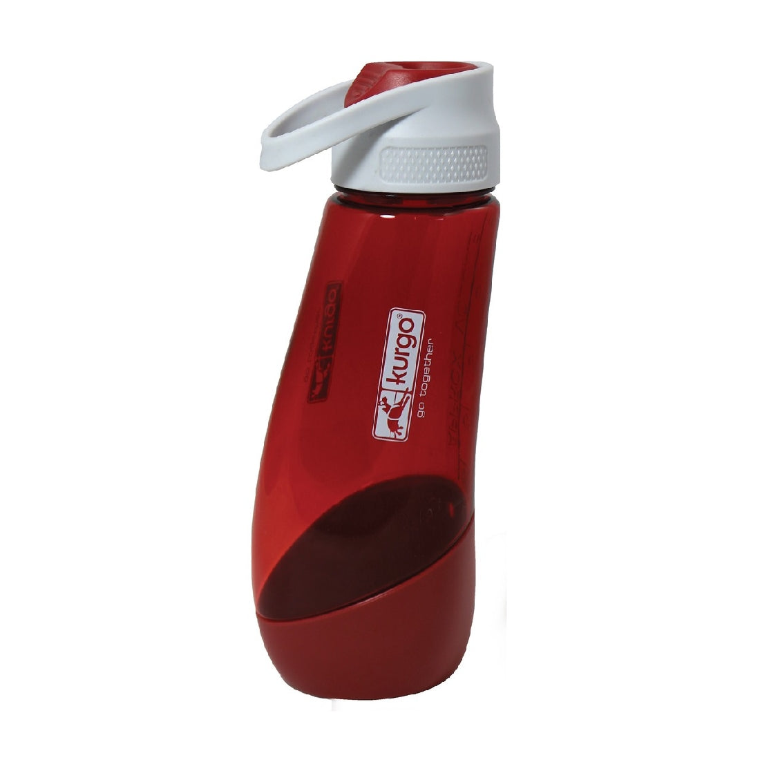 Red plastic water bottle with white cap on white background.