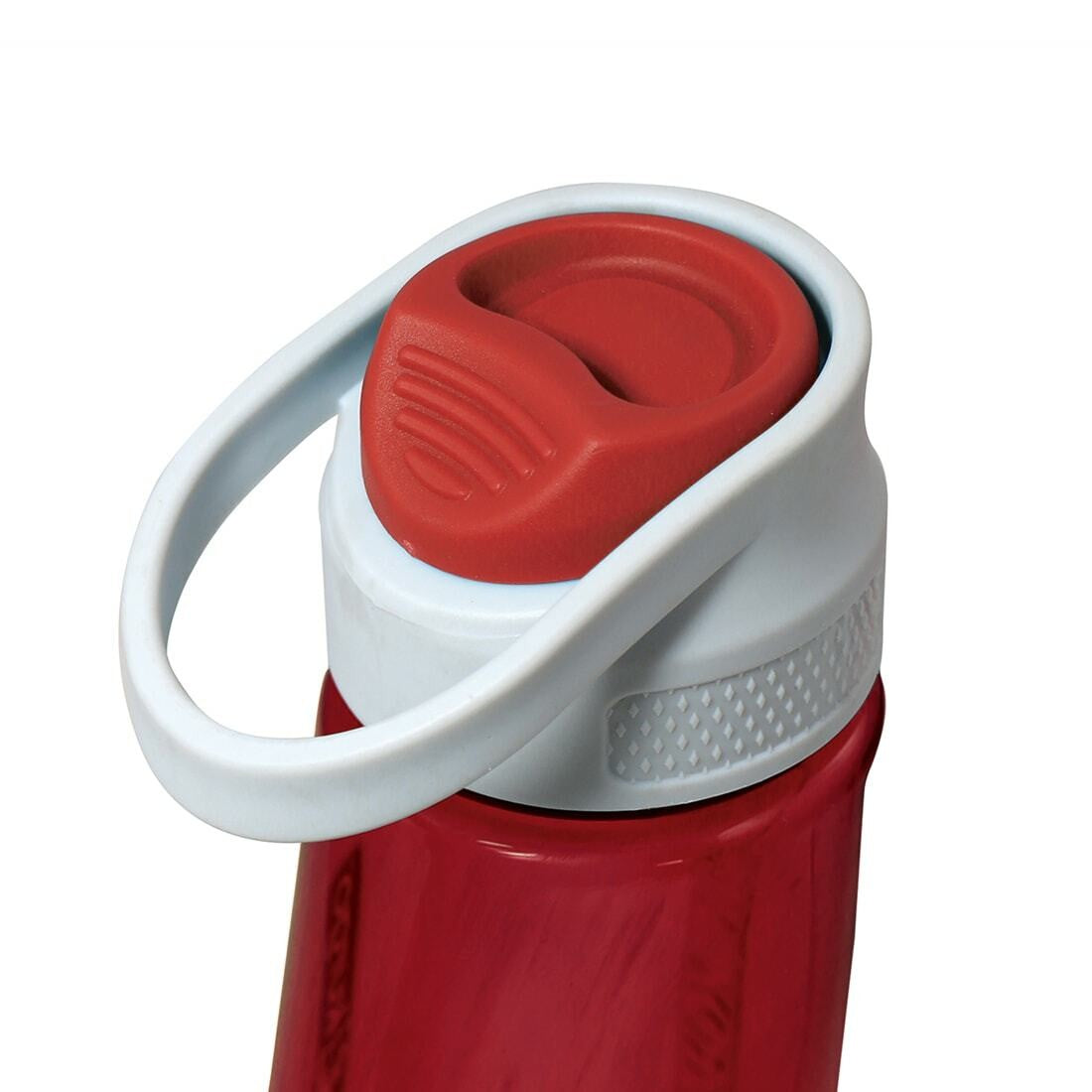 Close-up view of a red water bottle's top with white lid.