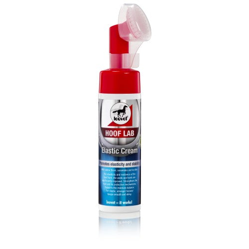 A bottle of Leovet HOOF LAB Elastic Cream with a red pump dispenser on a white background.