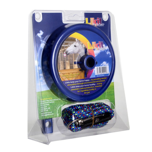 Blue Likit horse treat holder packaging with colorful rope included.