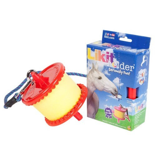 Likit horse treat holder with packaging, featuring a horse.
