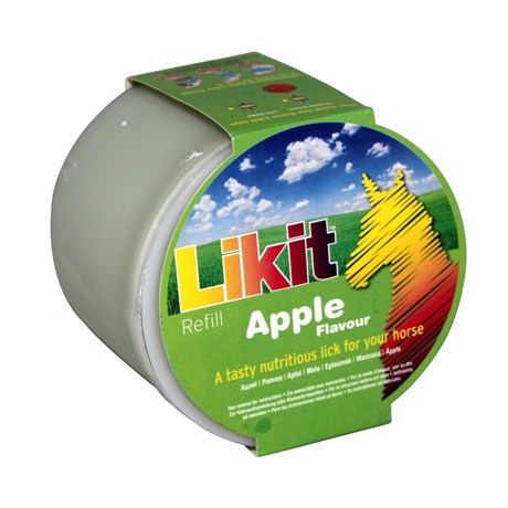 Likit apple-flavored horse treat, green packaging, sky background label.