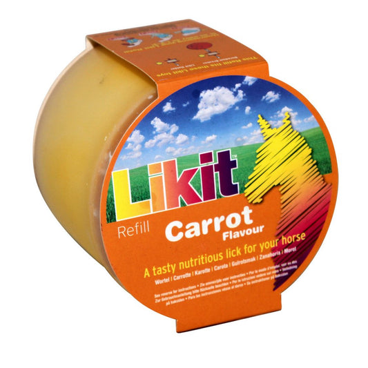 Carrot-flavored Likit horse treat with colorful packaging and label.