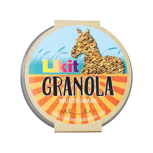 Round multigrain granola horse treat in colorful Likit packaging.