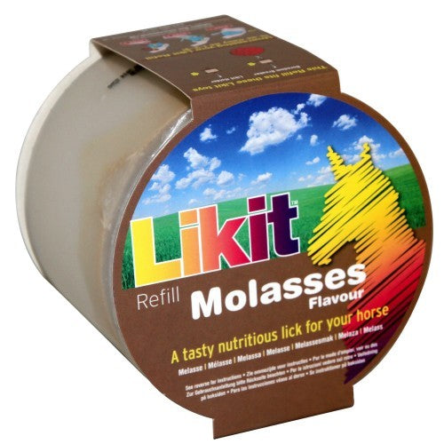 Likit Molasses horse treat refill in round plastic container.