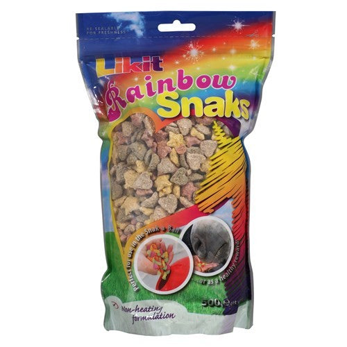 Colorful horse treat called Likit Rainbow Snaks in star shapes.