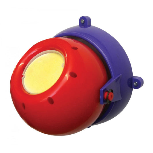 Colorful horse treat dispenser with red, yellow, and purple segments.