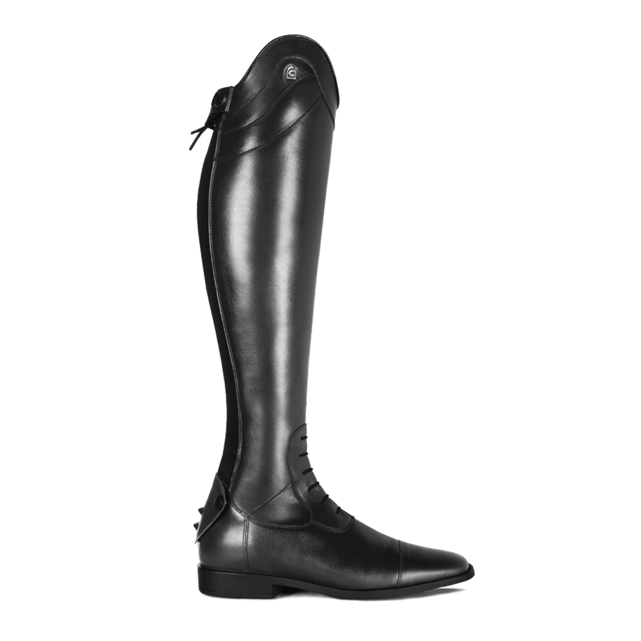 Black leather equestrian riding boots with stirrup leathers visible.