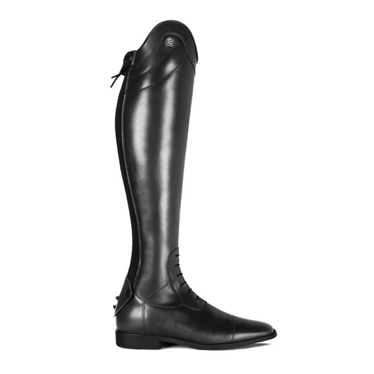 Black leather equestrian riding boots with stirrup leathers visible.
