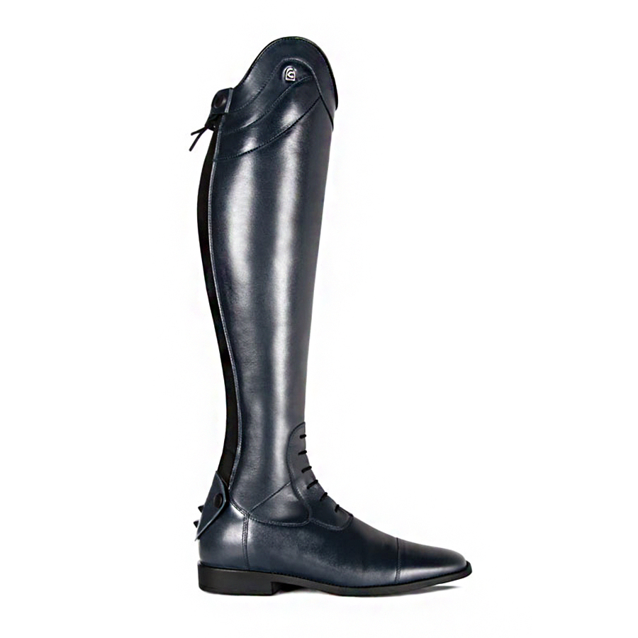 Black equestrian riding boot without stirrup leathers, white background.