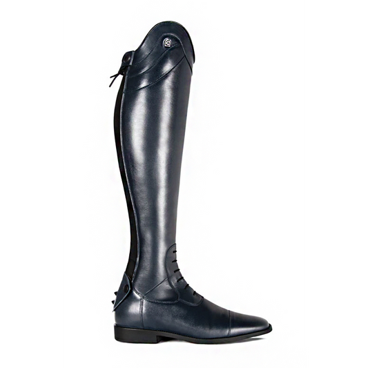 Black equestrian riding boot without stirrup leathers, white background.