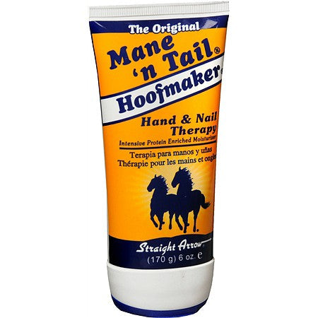 A tube of Mane 'n Tail Hoofmaker Hand & Nail Therapy cream, with text and an image of a horse and foal on the label.