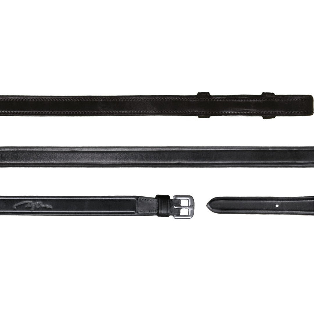 Close-up of black leather horse riding reins with buckle.