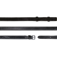 Close-up of black leather horse riding reins with buckle.