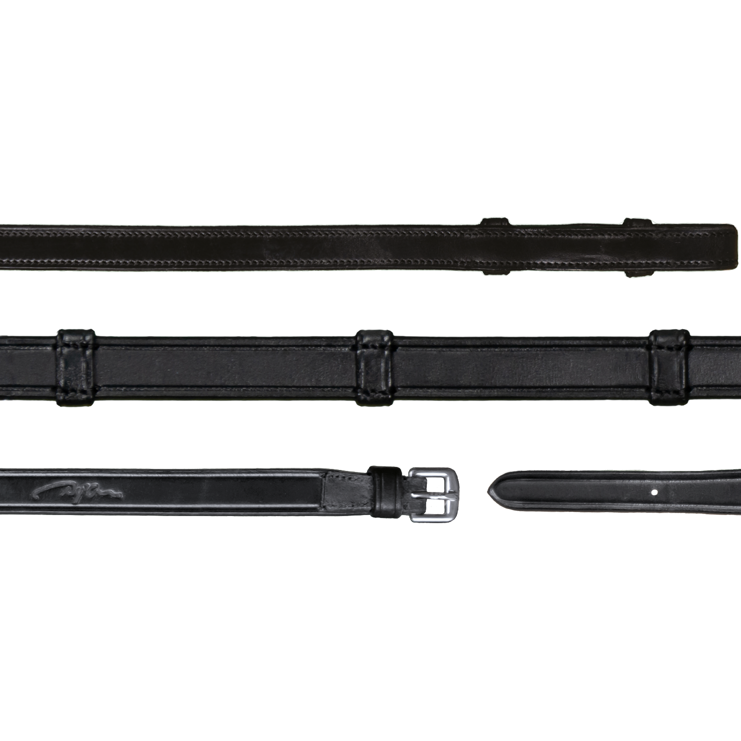 Close-up of black leather horse riding reins with buckle.