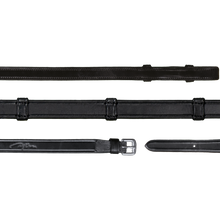 Close-up of black leather horse riding reins with buckle.