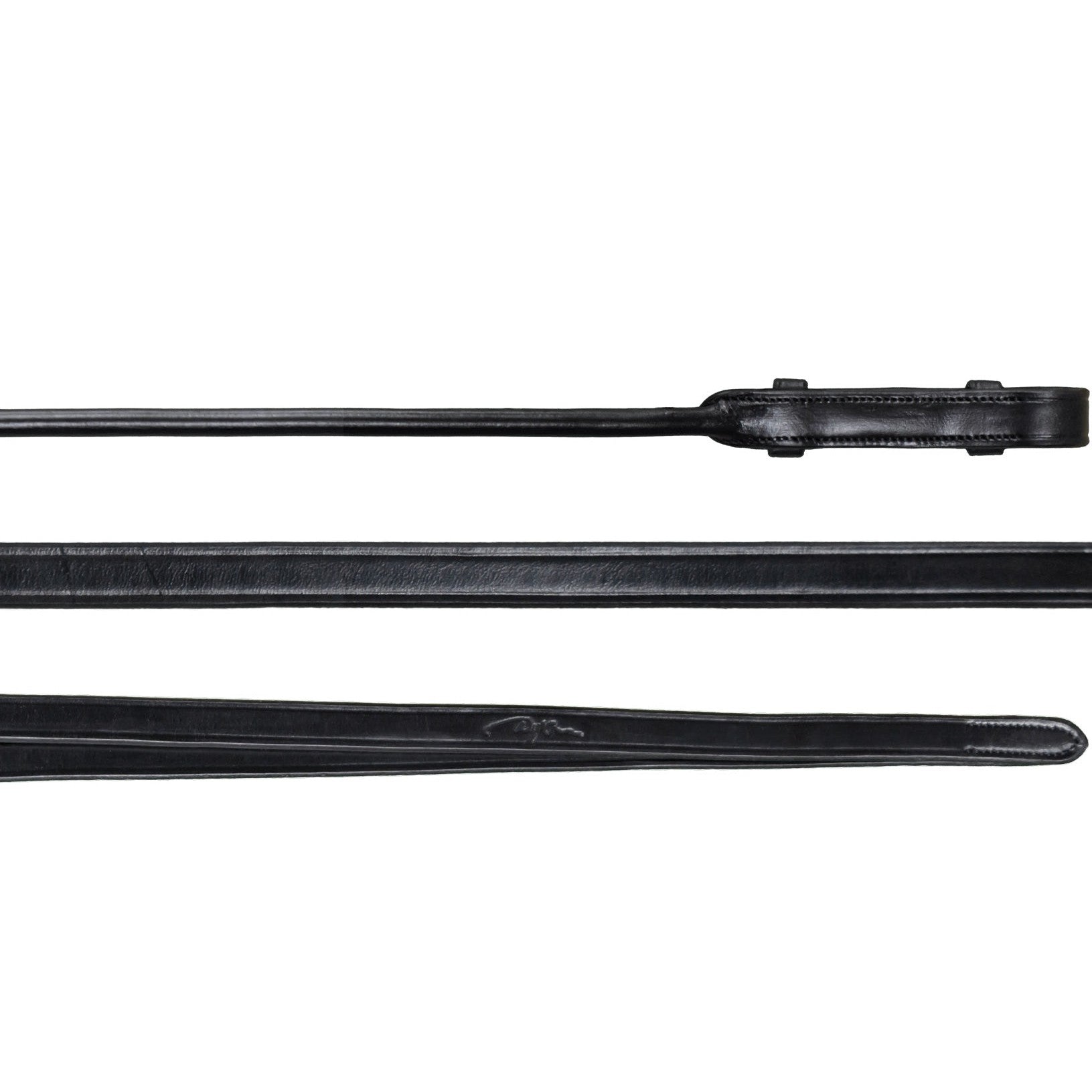 Black leather horse riding reins with a sleek design.