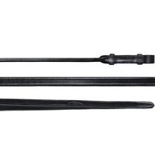 Black leather horse riding reins with a sleek design.