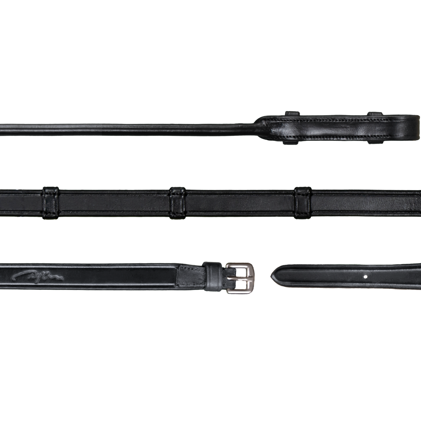 Black leather horse riding reins with buckles, viewed closely.