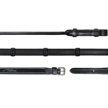 Black leather horse riding reins with buckles, viewed closely.