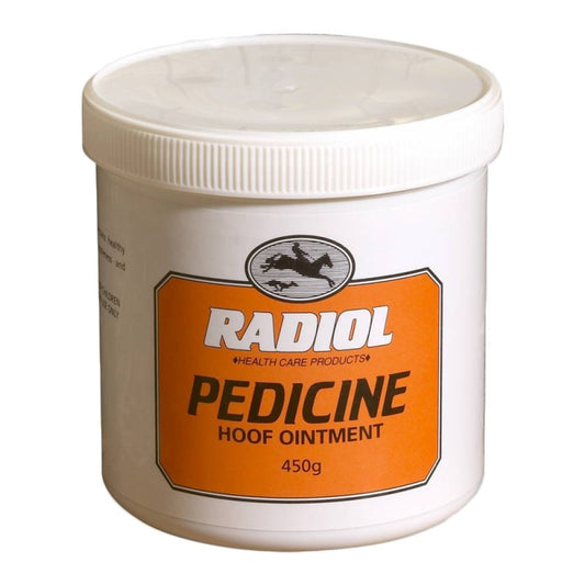 A white container with orange and black labeling for 'Radiol' brand hoof ointment for horses, size 450 grams.