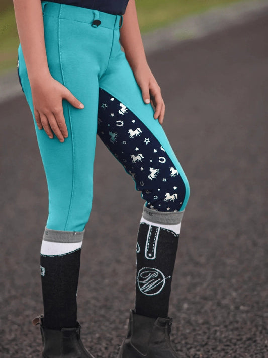 Jodhpurs Peter Williams Pull On Unicorn Printed Turquoise & Navy Childs-Ascot Saddlery-The Equestrian