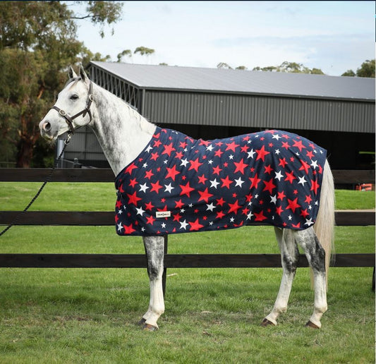 Horse wearing a WeatherBeeta star-patterned blue horse show rug outdoors.
